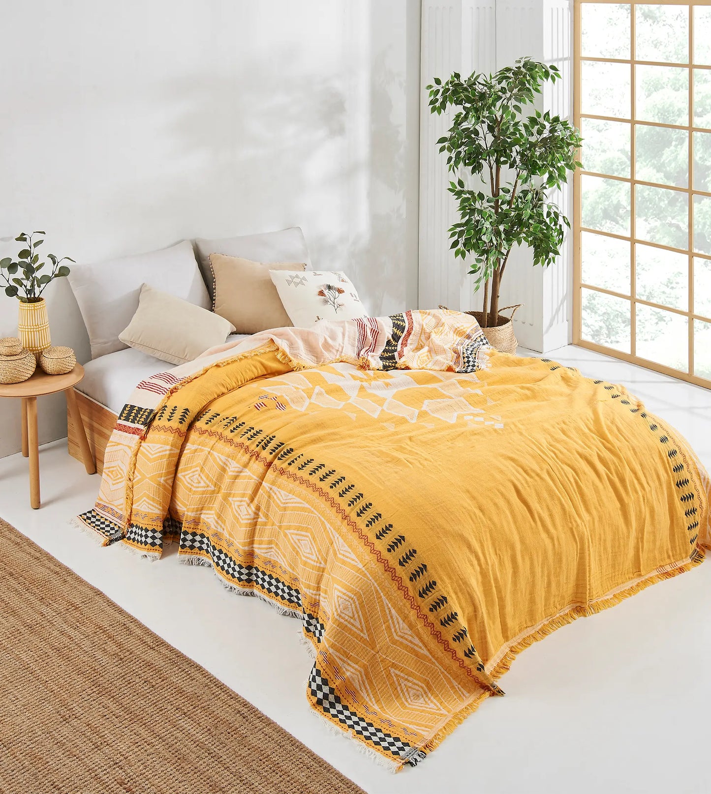 Aztec Bedspread Summer Soft Blanket Cover Lightweight Tribal - Yellow
