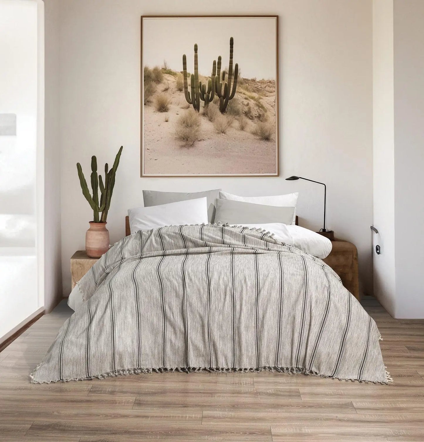 Bedspread Cotton Blanket Bed Cover Coverlet Farmhouse Rustic -Off White striped