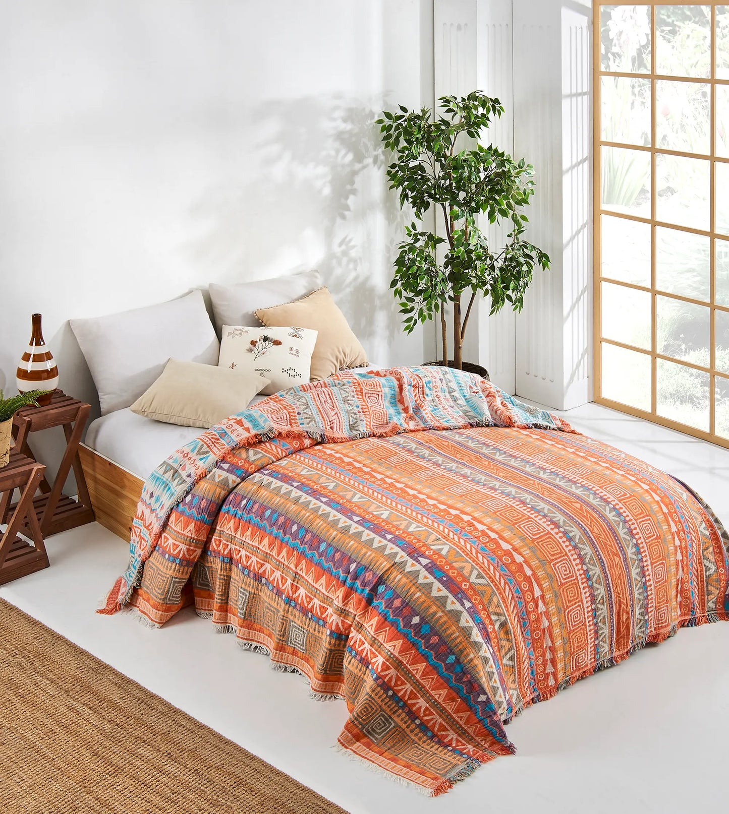 Boho Bedspread Turkish Cotton Blankets Throw Cover Colorful