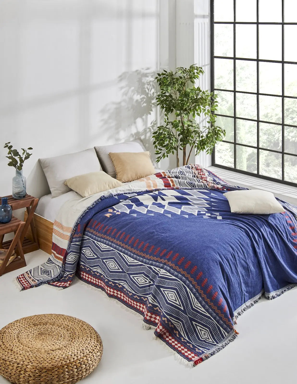 Aztec Bedspread Summer Soft Blanket Cover Lightweight Tribal - Blue