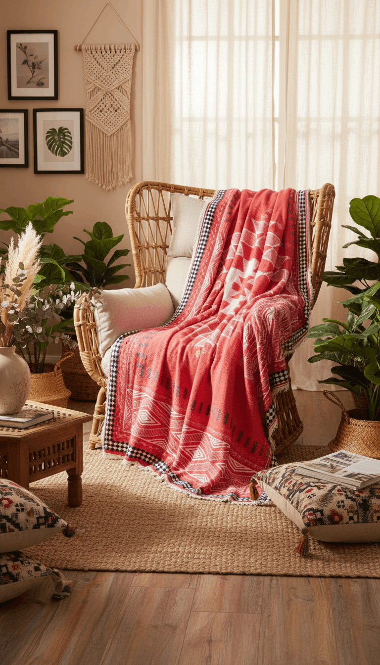 Aztec Bedspread Summer Soft Blanket Cover Lightweight Tribal - Red