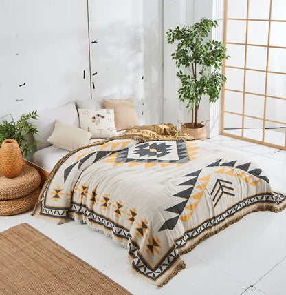 Aztec Bedspread Summer Soft Blanket Cover Lightweight Tribal - Beige