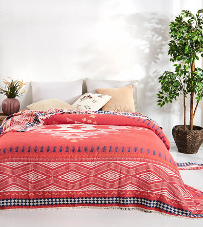 Aztec Bedspread Summer Soft Blanket Cover Lightweight Tribal - Red