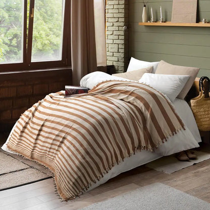 Bedspread Turkish Cotton Blankets Cover Summer Coverlet - Beige and Brown striped