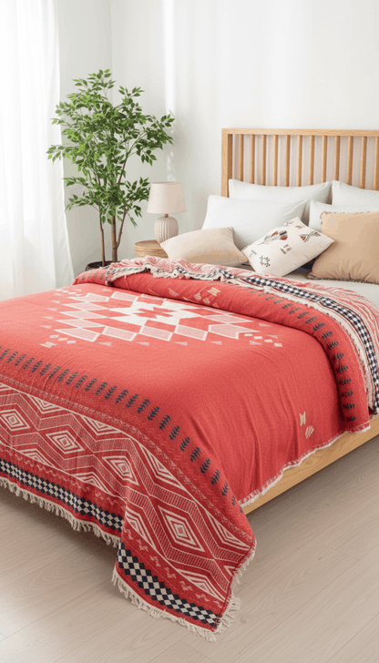 Aztec Bedspread Summer Soft Blanket Cover Lightweight Tribal - Red