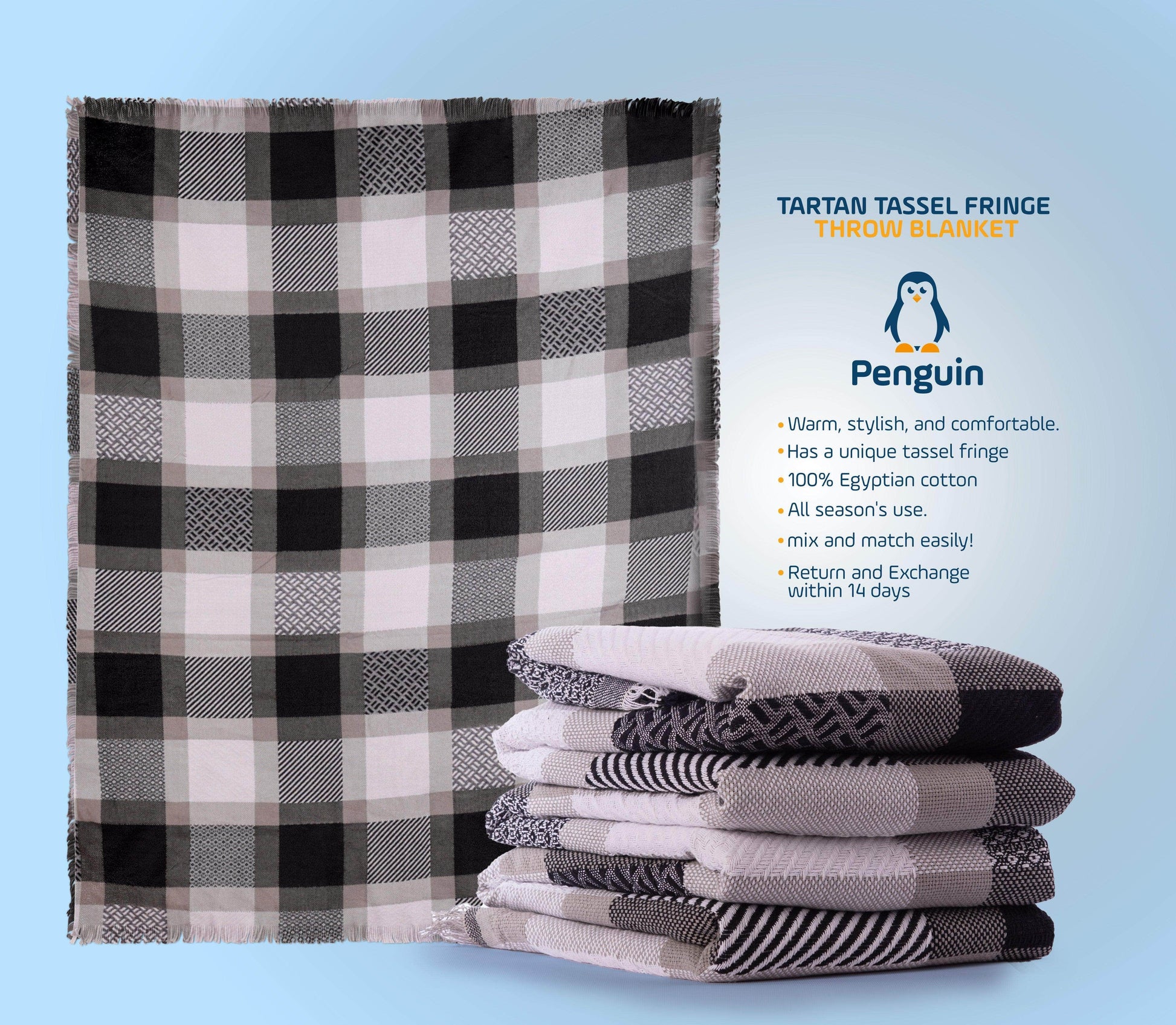 Penguin Group Blanket & Duvet Black/ White Tassel Fringe Throw Blanket 240 cm2